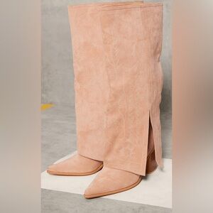 Beige faux suede point toe fold over split hem knee high western boots